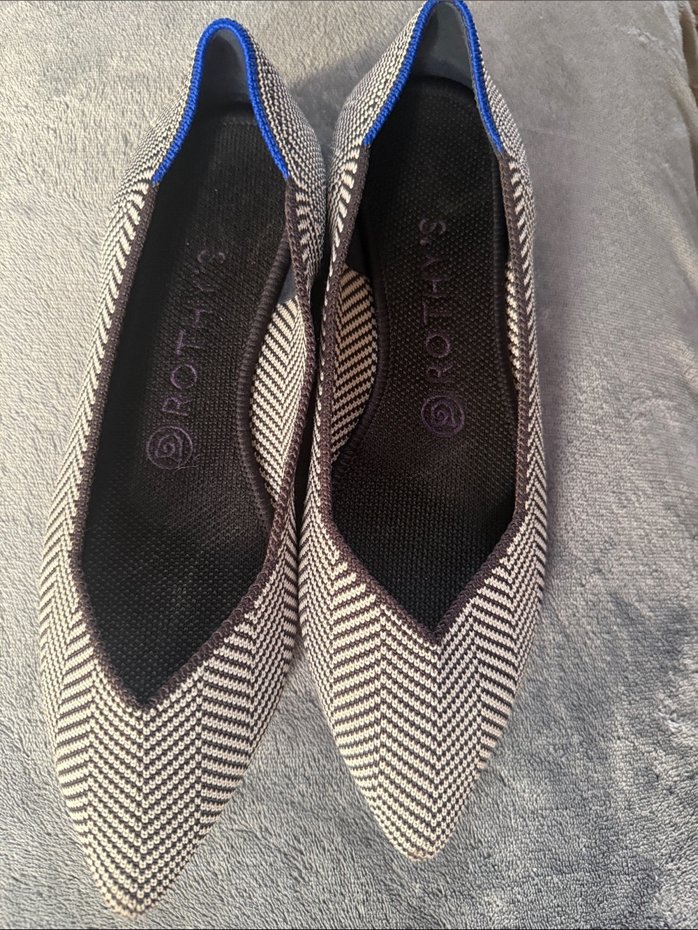 Rothy's Black & White Pointed Herringbone Ballet Flats with Blue Trim